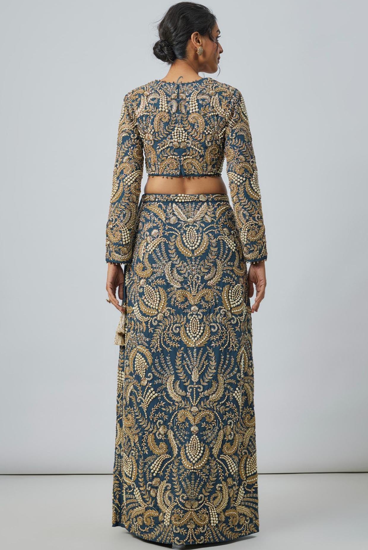 Navy Blue Embroidered Choli With Embroidered Skirt