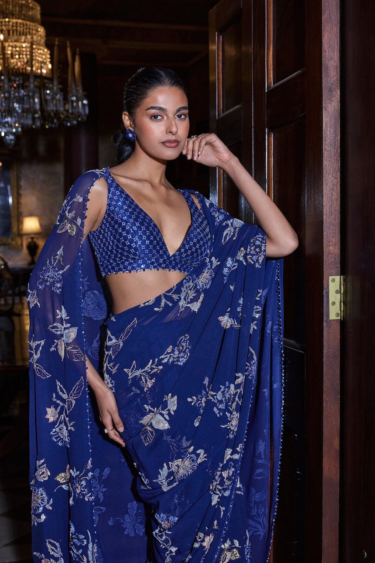 Navy Blue Floral Crystal Saree