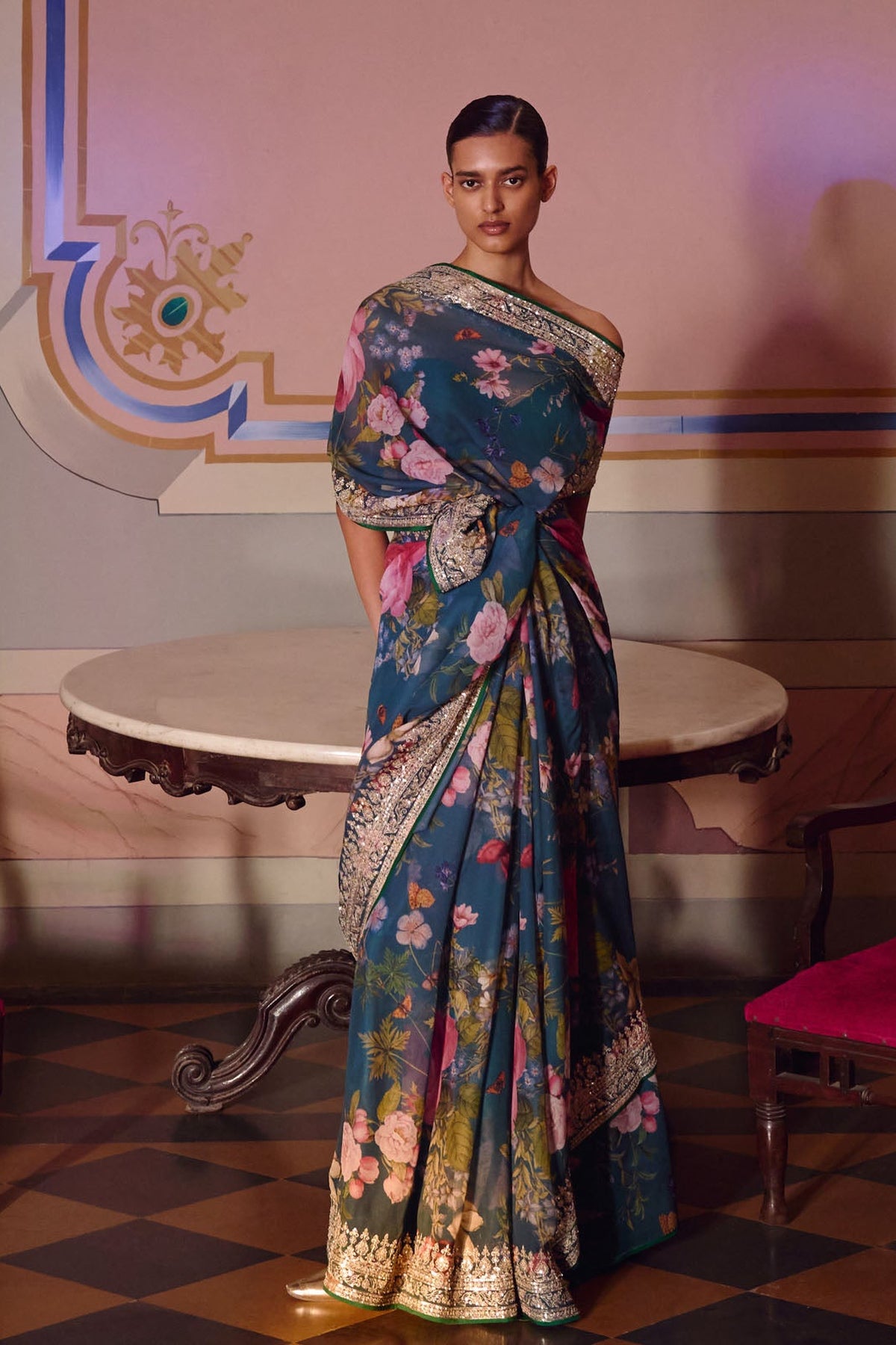 Navy Blue Ruh Printed Saree Set