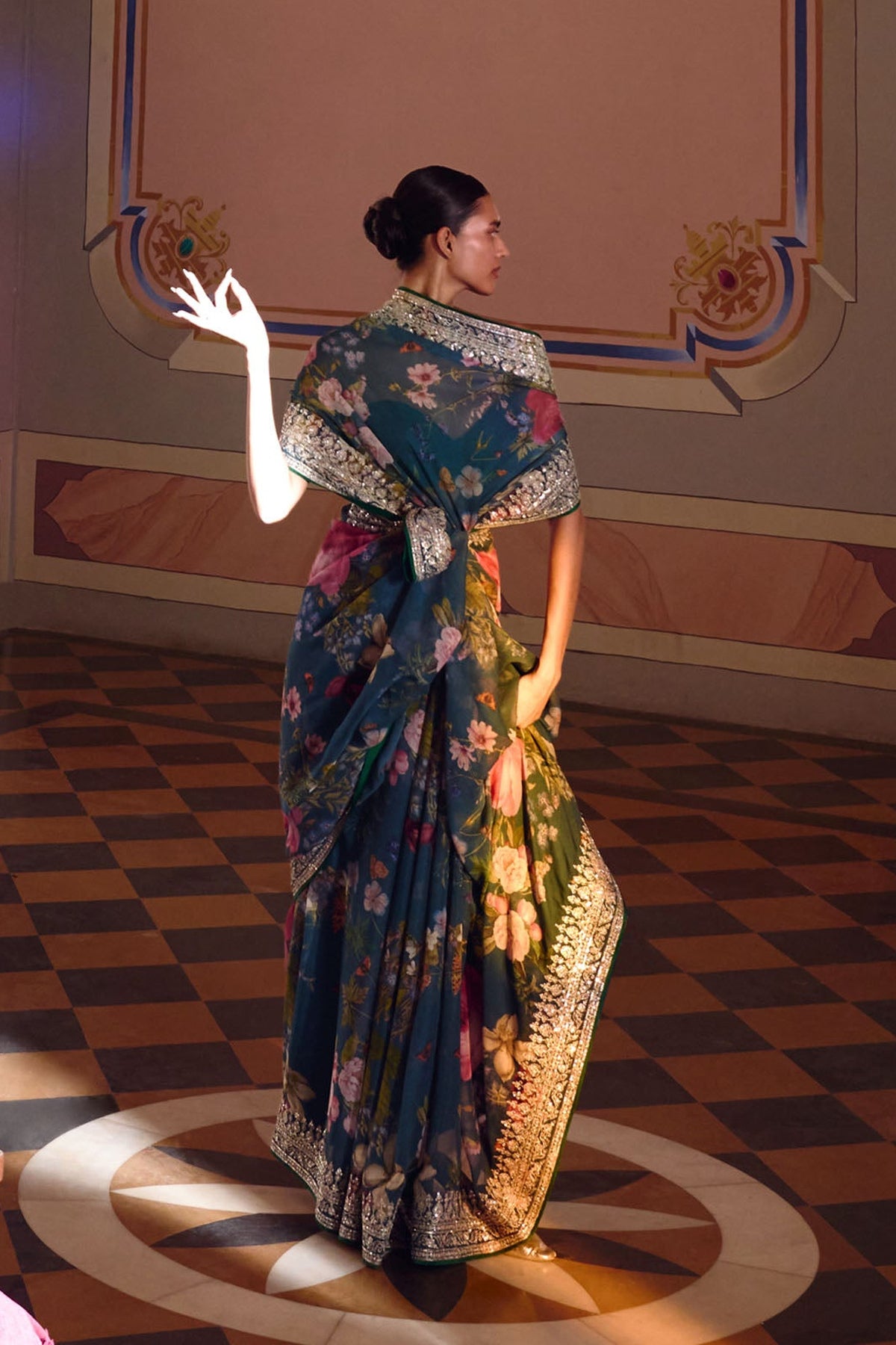 Navy Blue Ruh Printed Saree Set