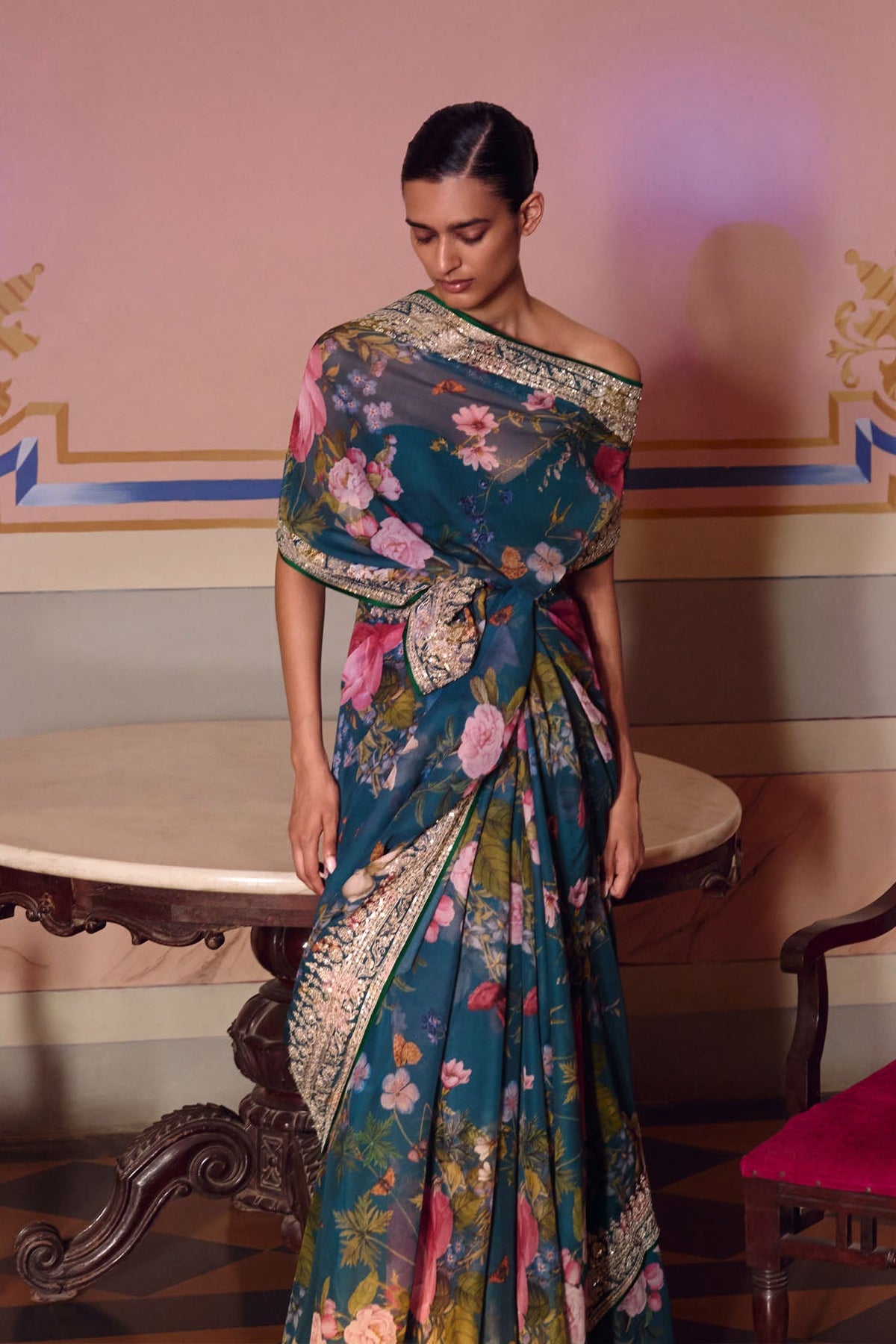 Navy Blue Ruh Printed Saree Set