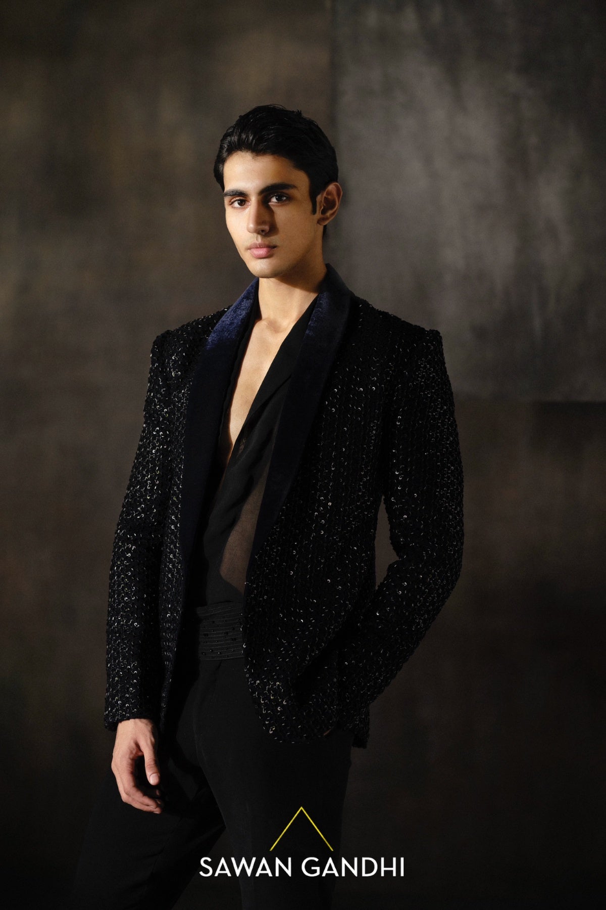 Navy blue sequins and cutdana velvet jacket