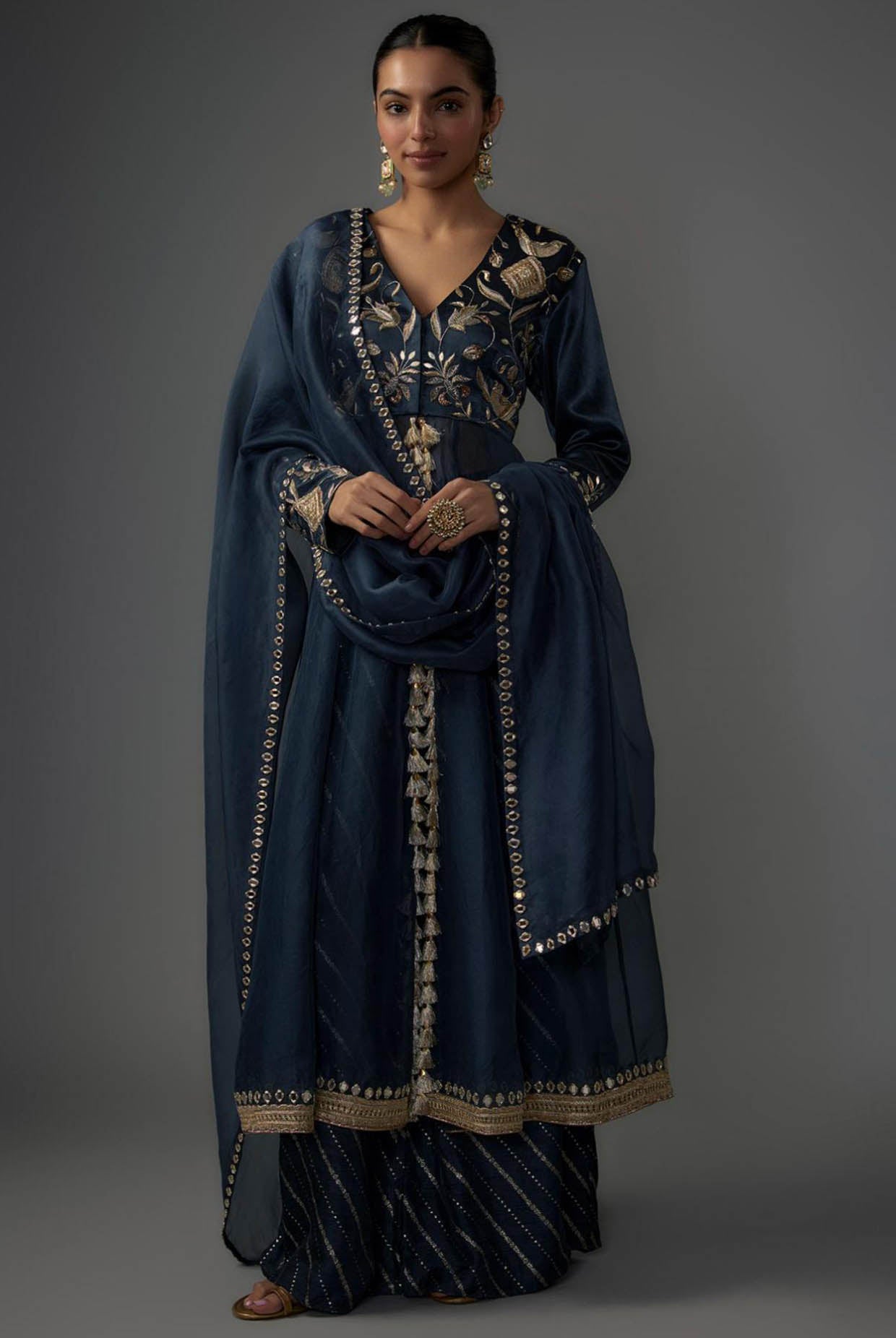 Navy Embroidered Anarkali And Palazzo With Embroidered Dupatta