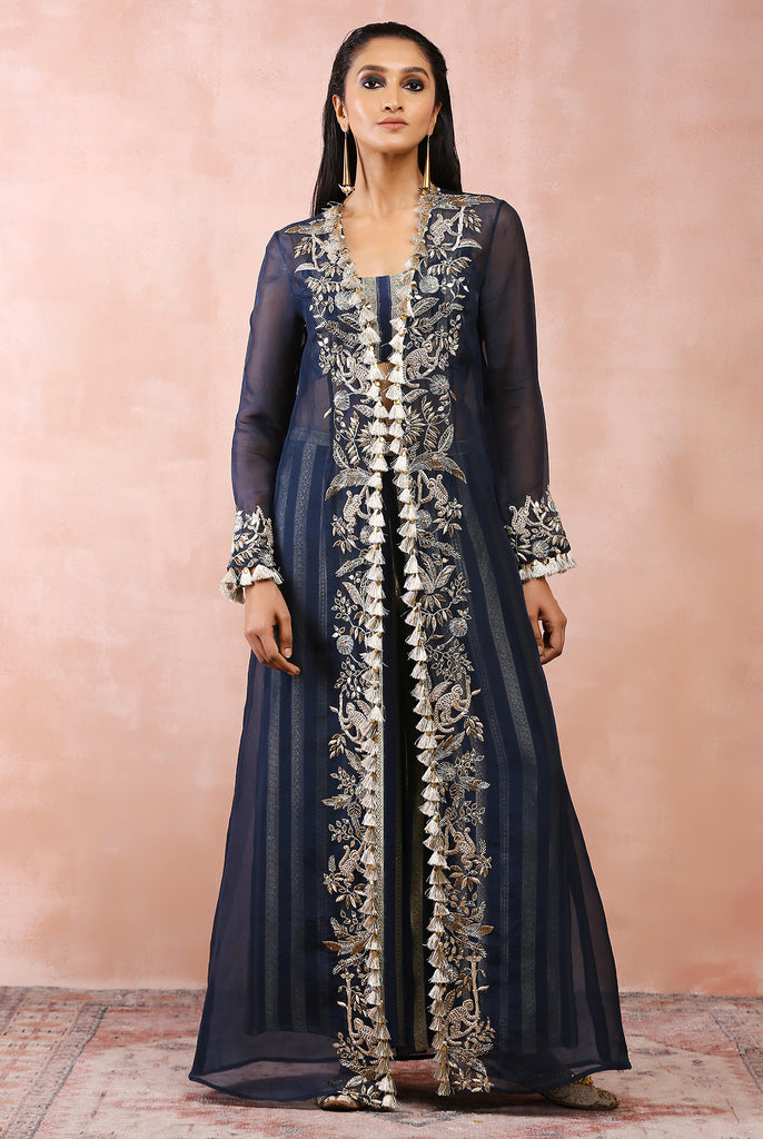 NAVY EMBROIDERED JACKET WITH BUSTIER AND PALLAZO PANT