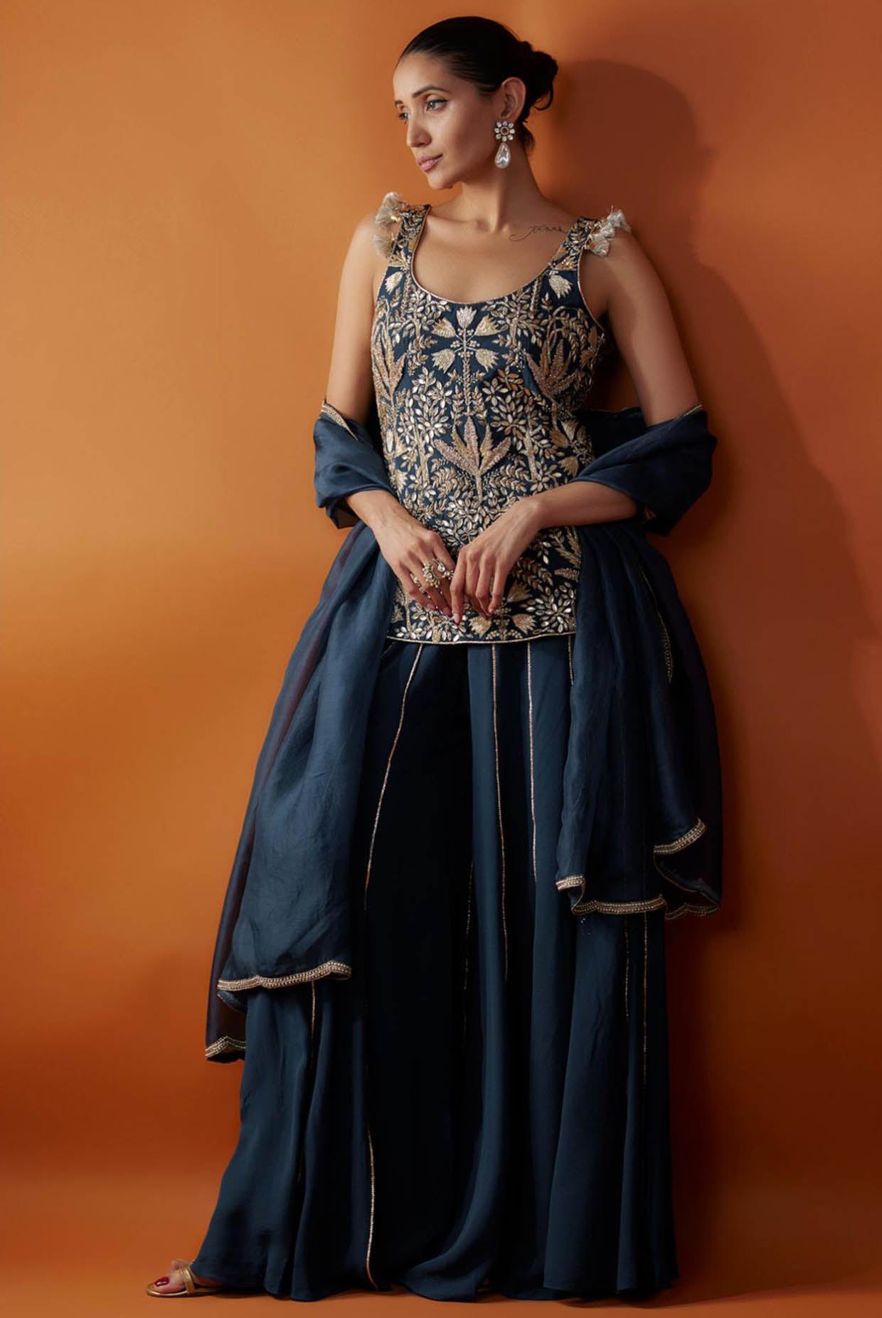 Navy Embroidered Kurta And Sharara With Dupatta