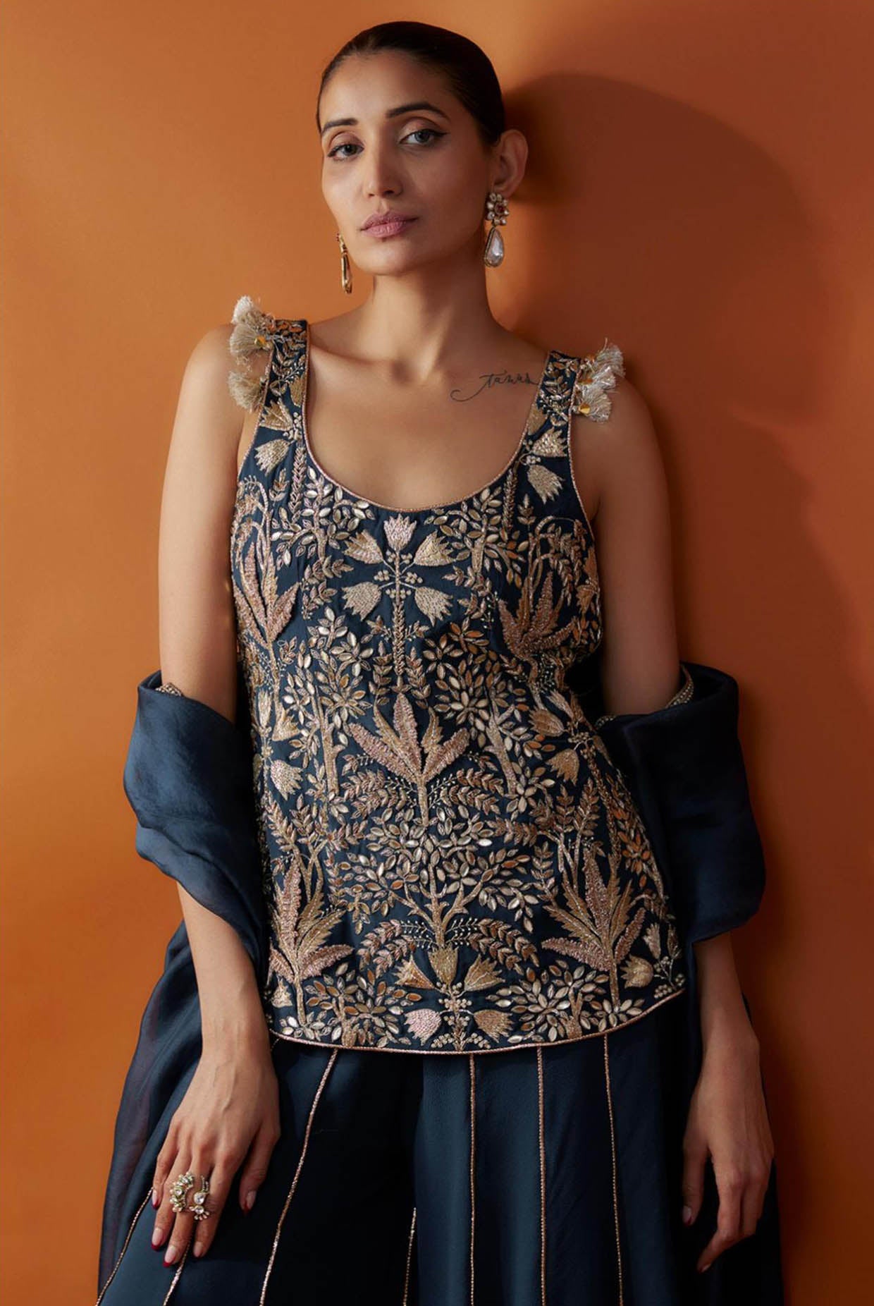 Navy Embroidered Kurta And Sharara With Dupatta