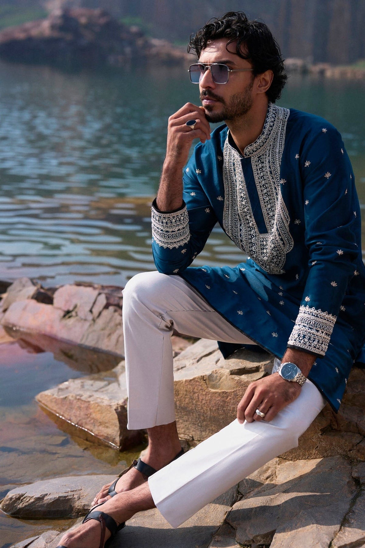 Navy Lotus Kurta Set