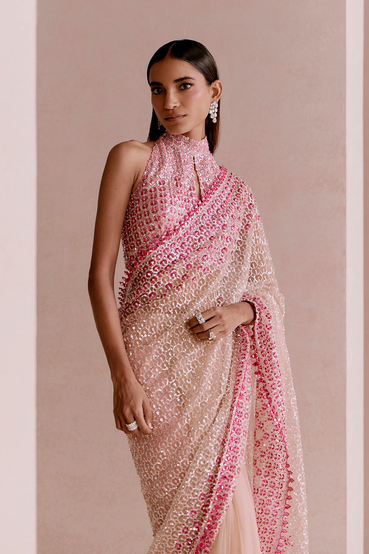 Nude and pink sequin saree