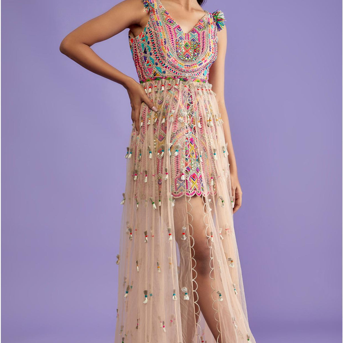 Nude Embroidered Dress With Overlay Tulle Skirt 12 / Regular Nude Embroidered Dress With Overlay Tulle Skirt 12 / Regular