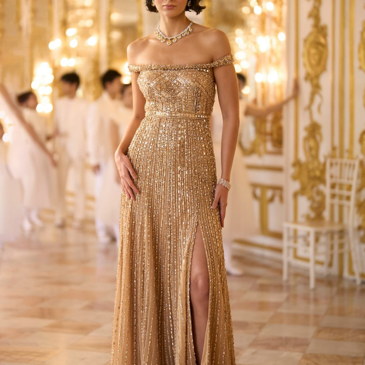 Off Shoulder Gold Gown