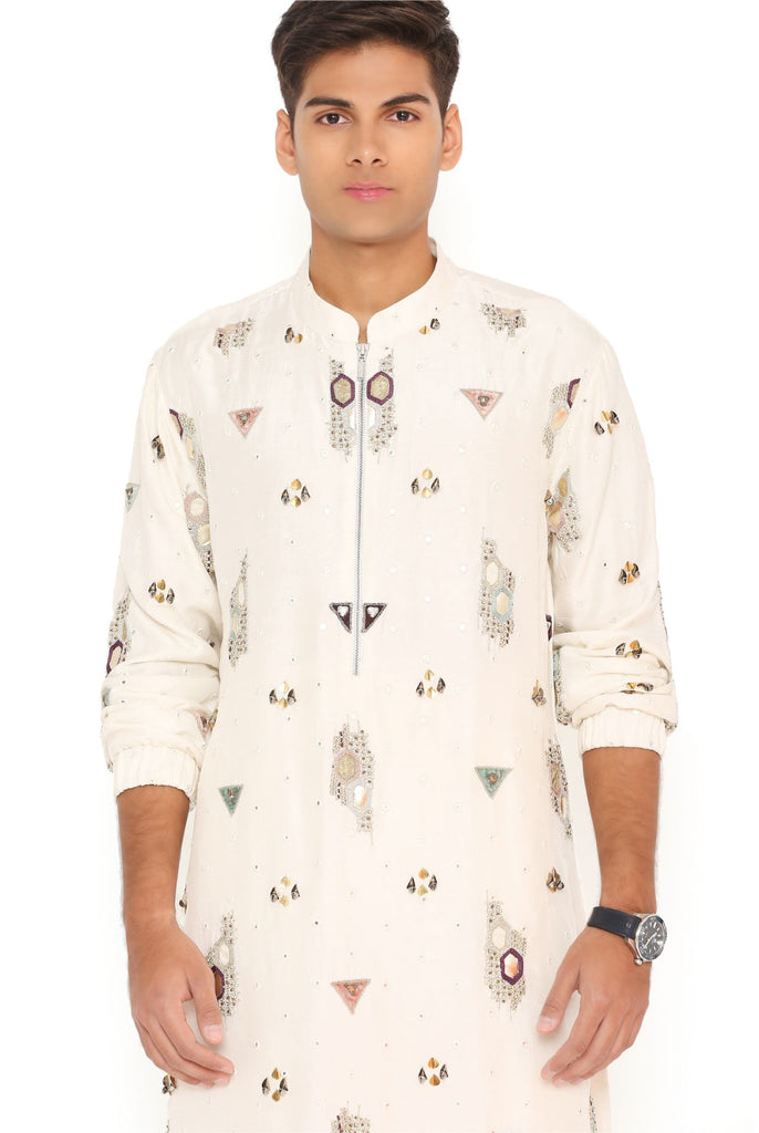 OFF WHITE ABLA SILK EMBROIDERED BOMBER KURTA WITH JOGGER PANT