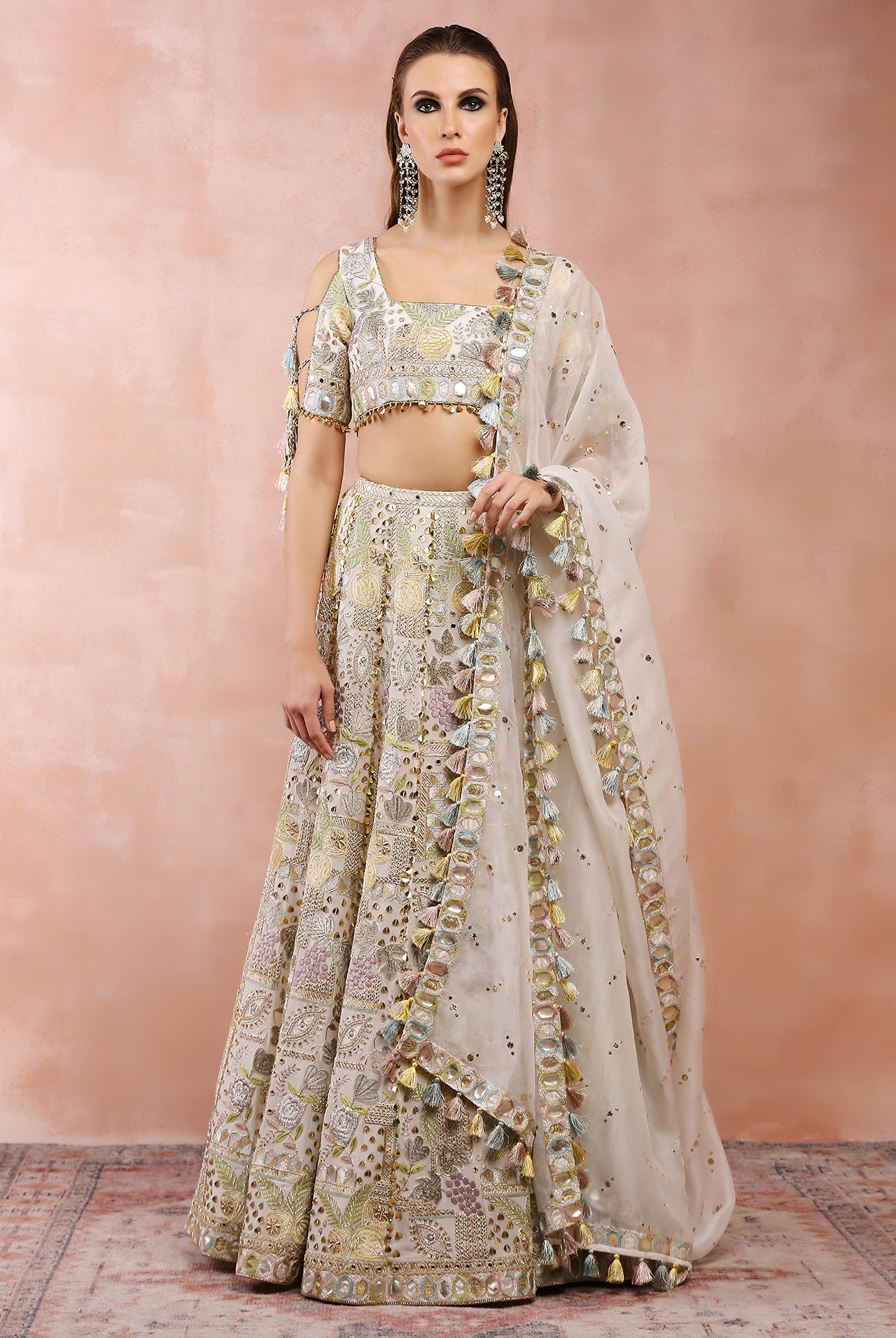 OFF WHITE APPLIQUE EMBROIDERED CHOLI AND LEHENGA WITH DUPATTA