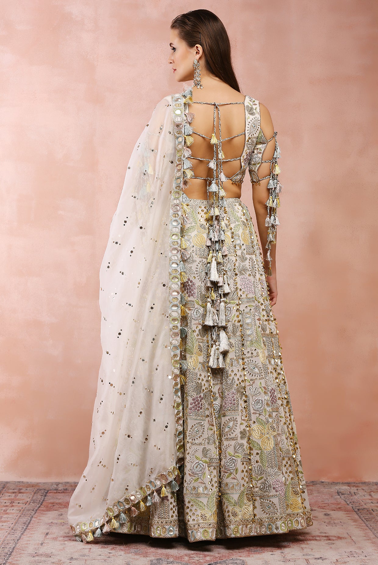 OFF WHITE APPLIQUE EMBROIDERED CHOLI AND LEHENGA WITH DUPATTA