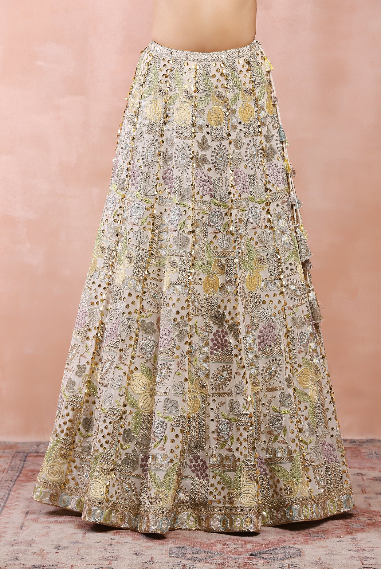 OFF WHITE APPLIQUE EMBROIDERED CHOLI AND LEHENGA WITH DUPATTA