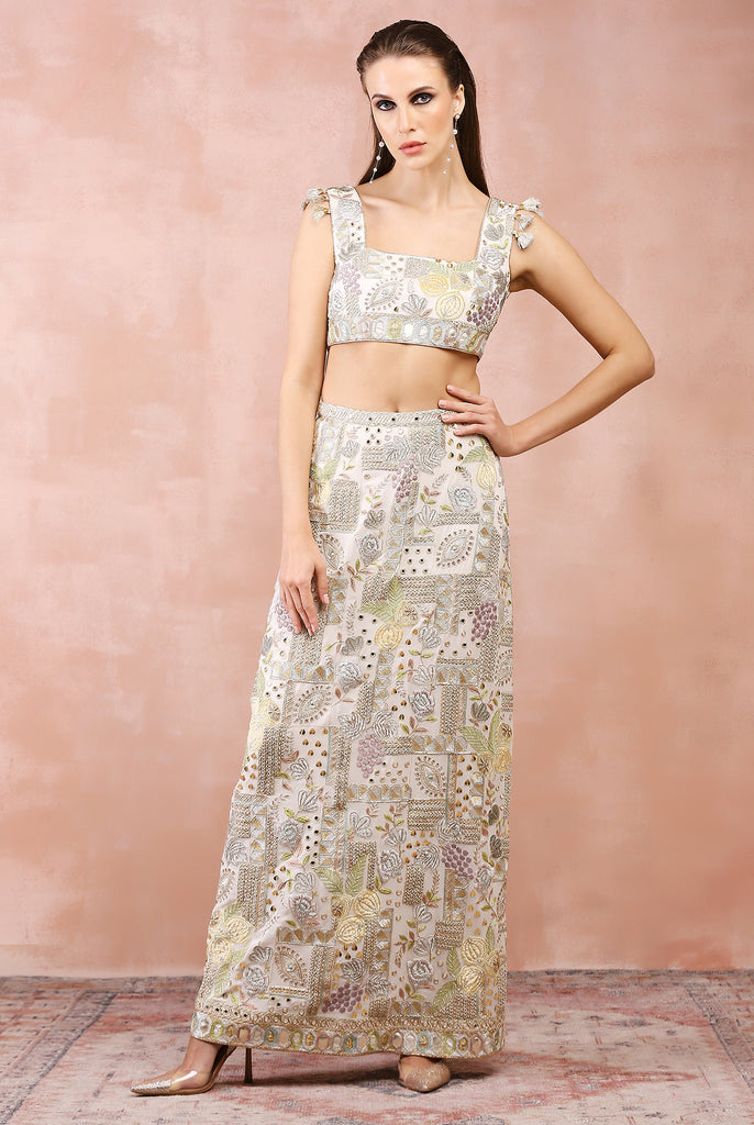 OFF WHITE APPLIQUE EMBROIDERED CHOLI AND SKIRT