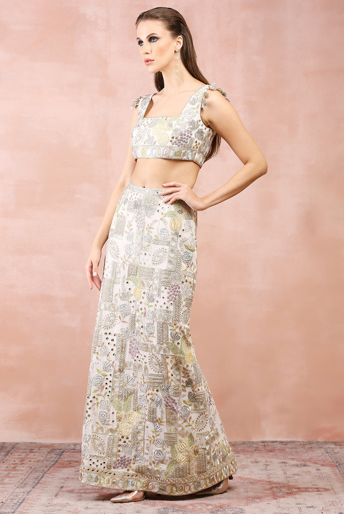 OFF WHITE APPLIQUE EMBROIDERED CHOLI AND SKIRT