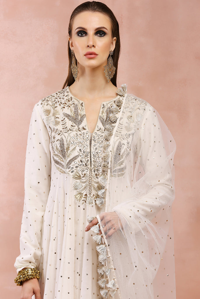 OFF WHITE BAGH EMBROIDERED ANARKALI WITH CHURIDAR AND DUPATTA
