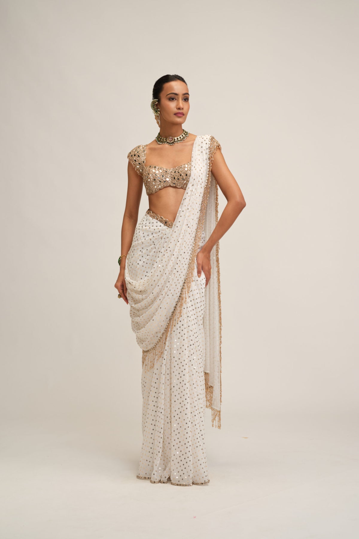Off White Draped Saree Set