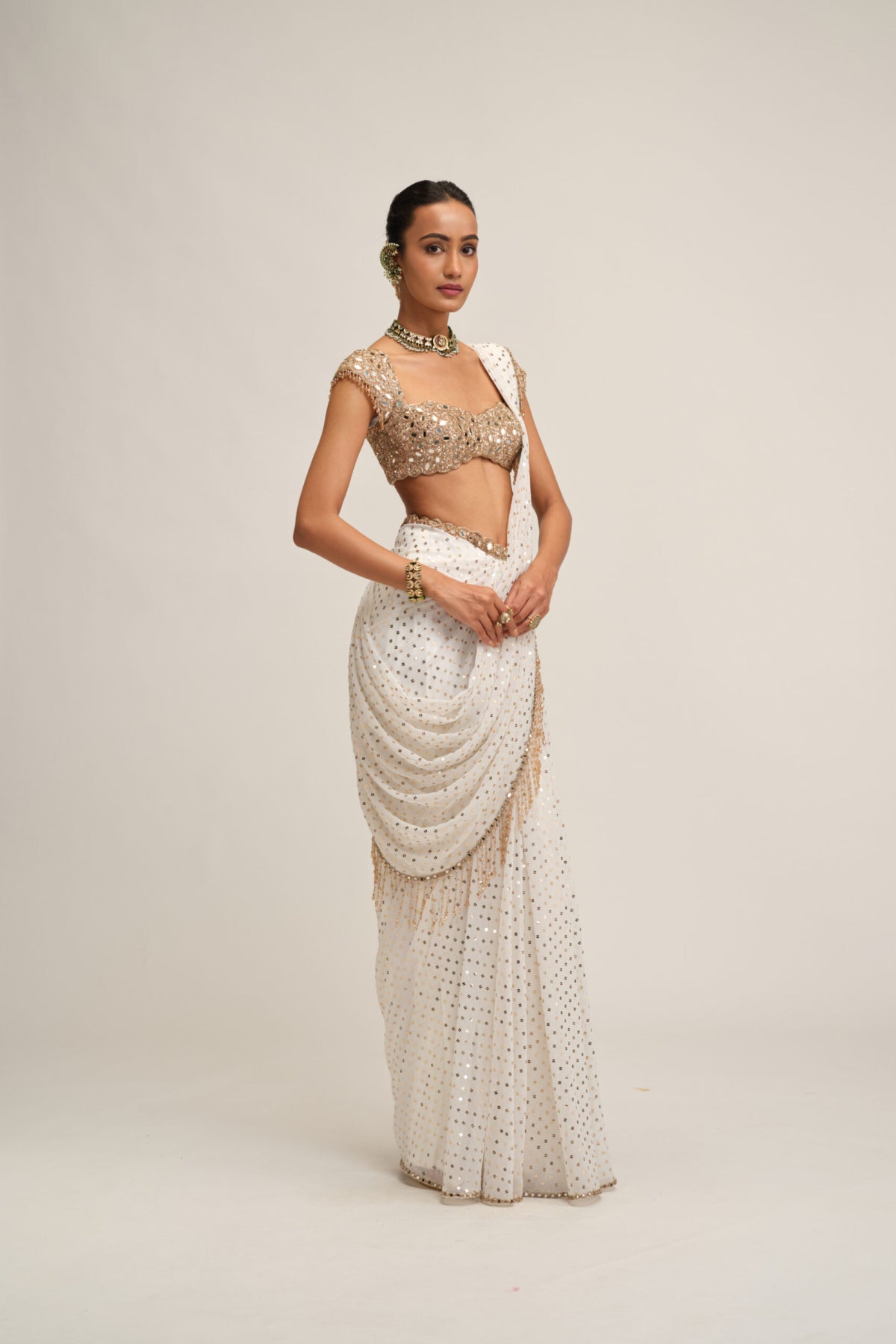 Off White Draped Saree Set