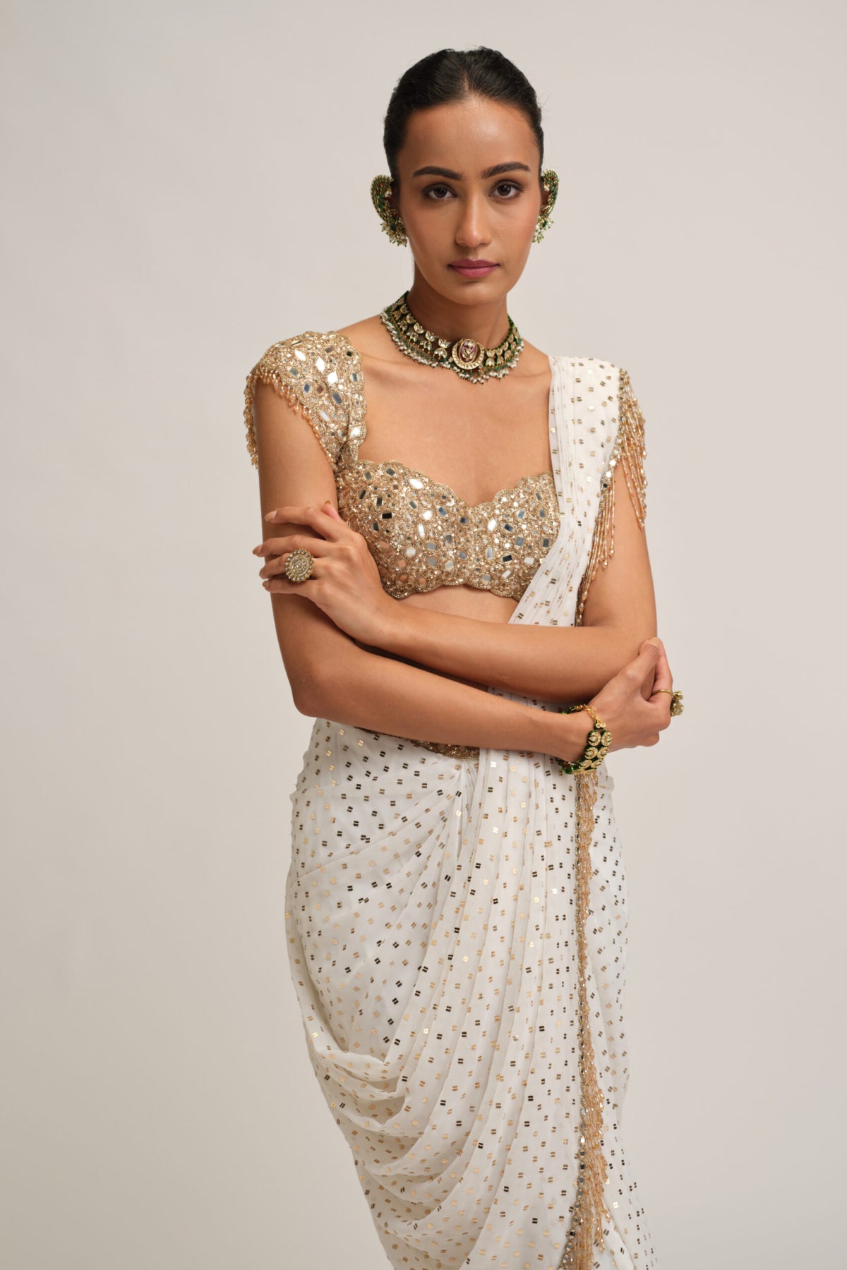 Off White Draped Saree Set