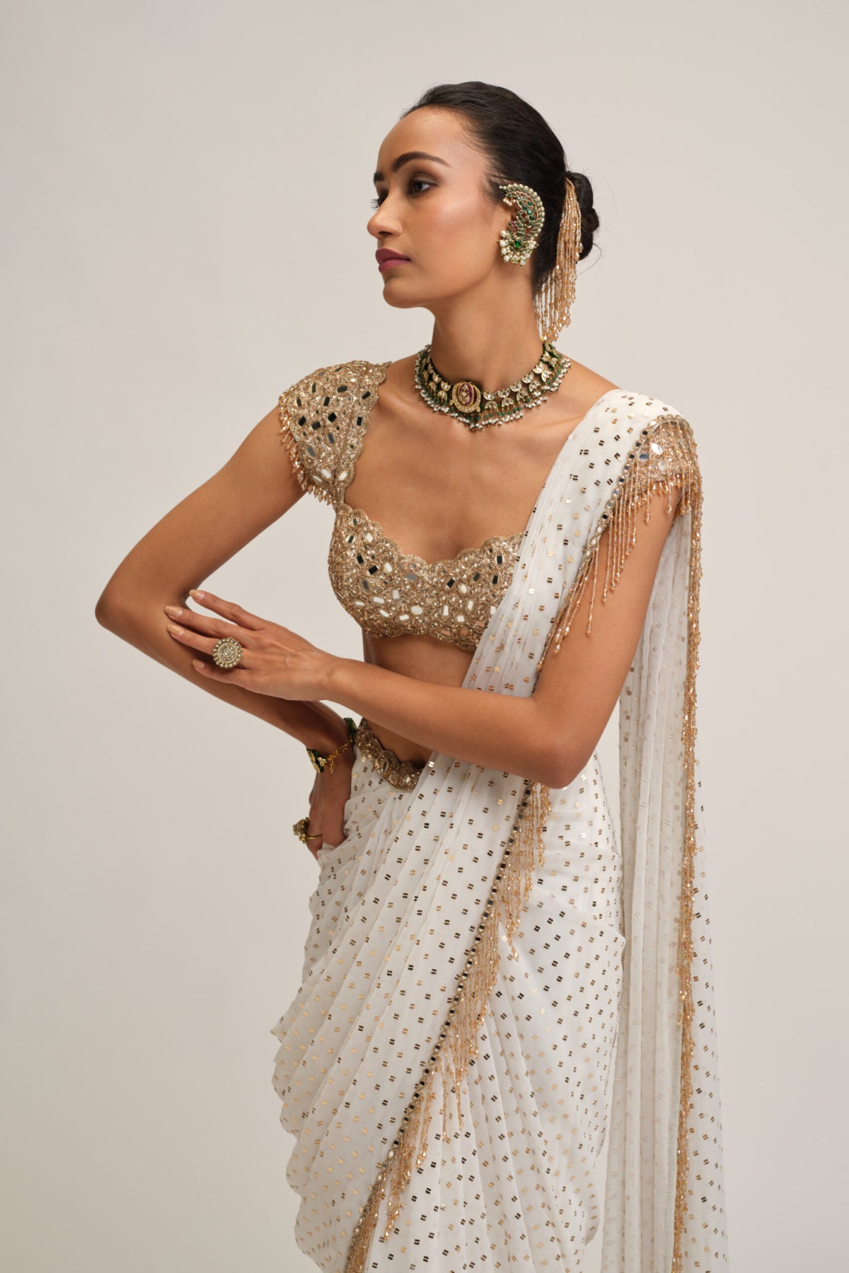 Off White Draped Saree Set