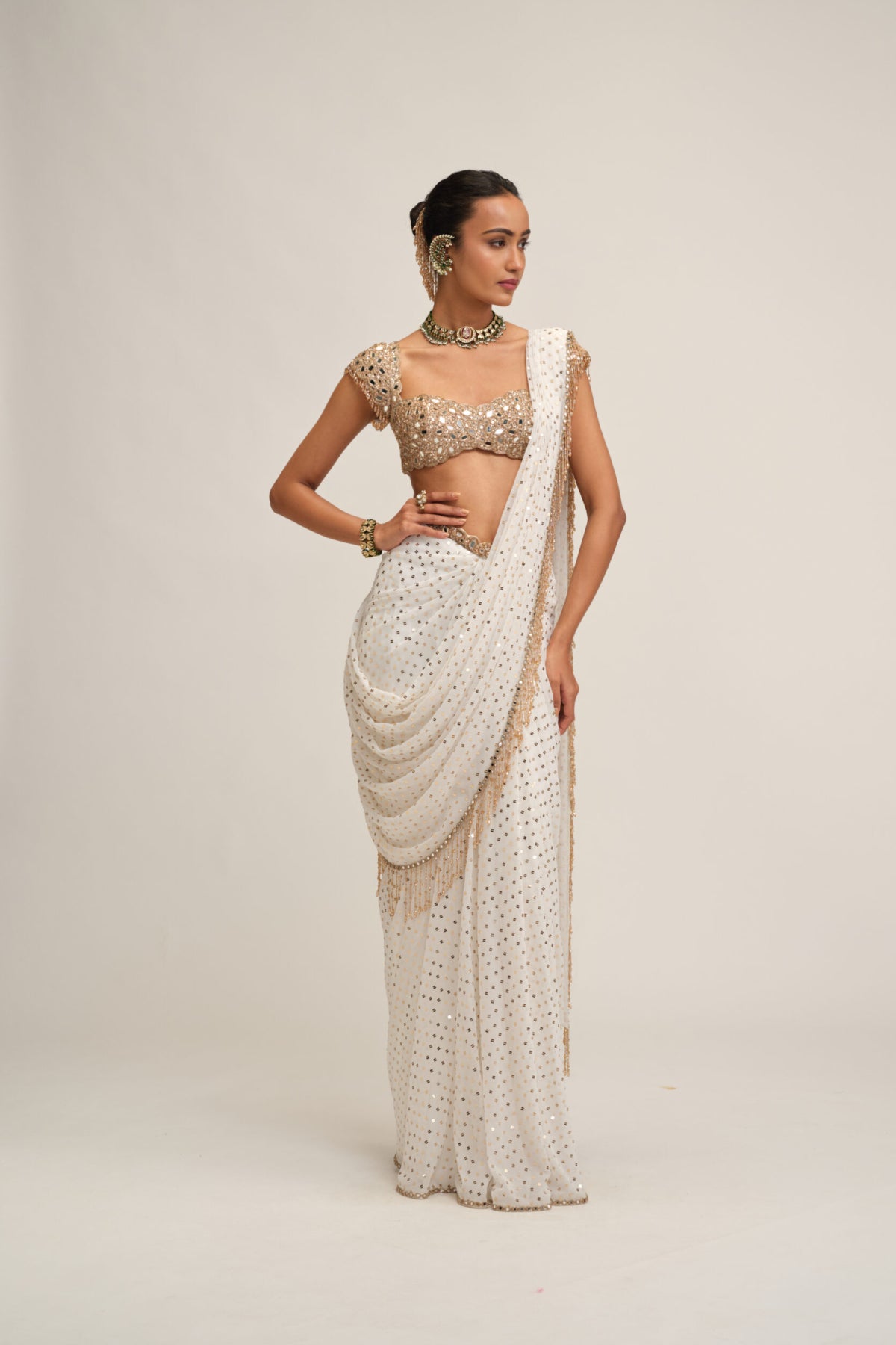 Off White Draped Saree Set