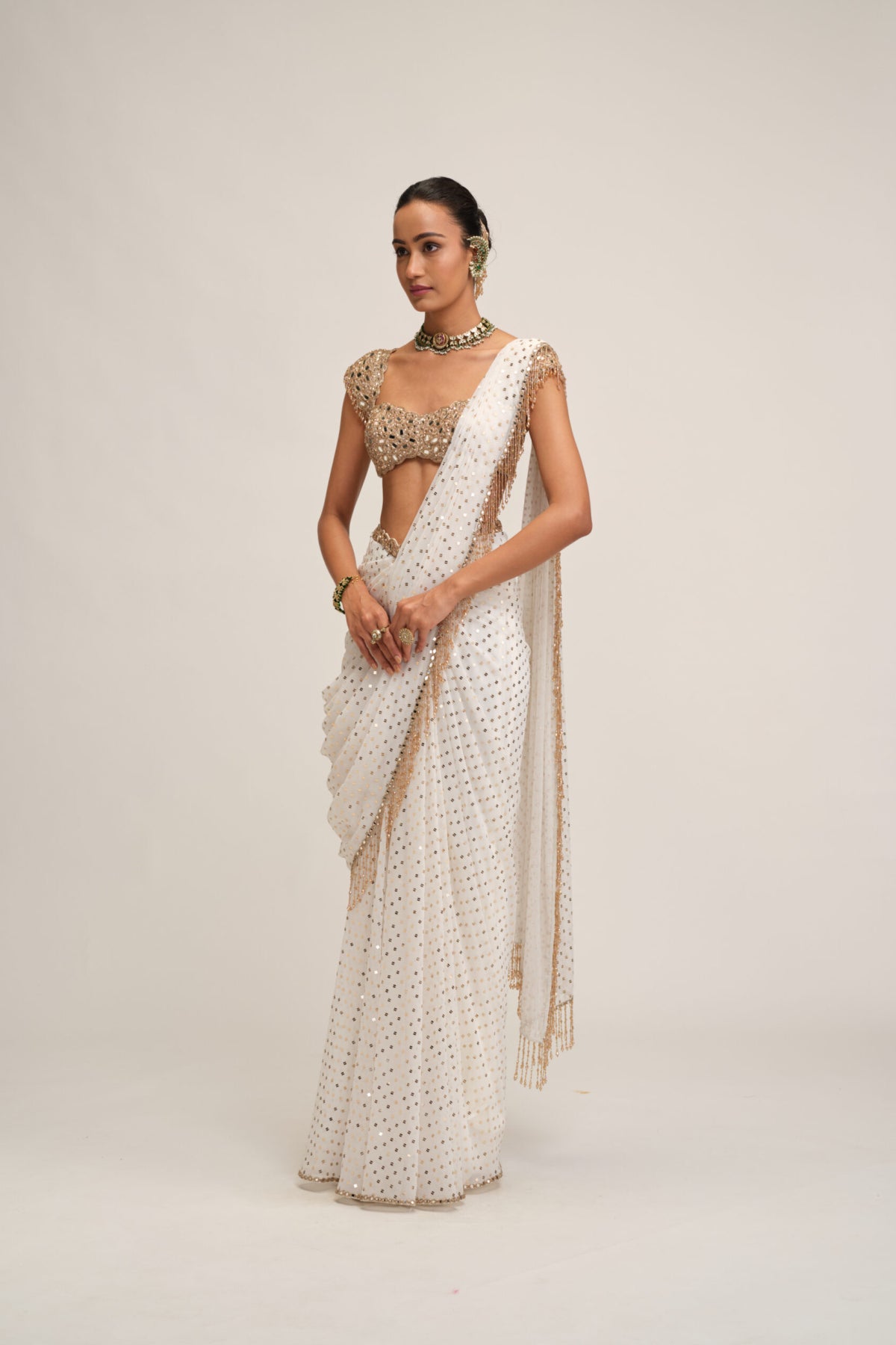 Off White Draped Saree Set
