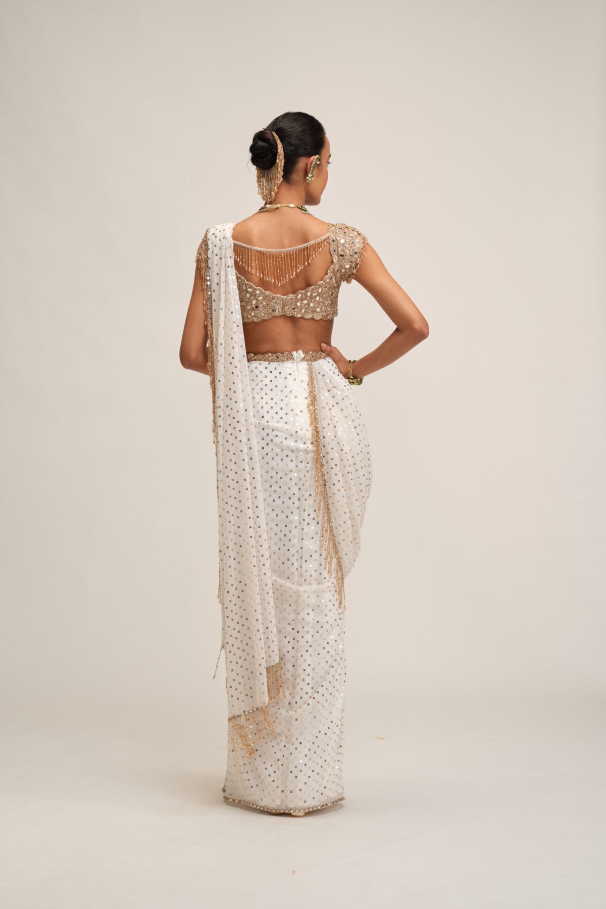 Off White Draped Saree Set