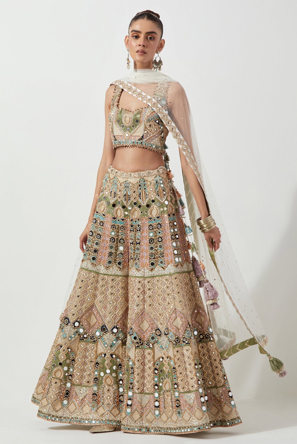OFF WHITE EMBROIDERED CHOLI AND SHARARA WITH MUKAISH NET DUPATTA