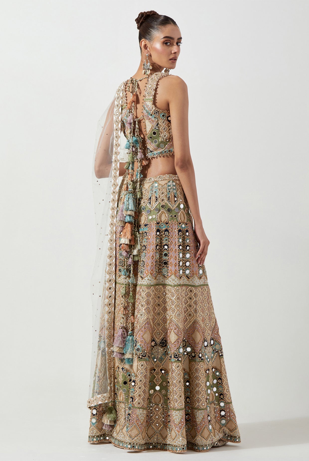 OFF WHITE EMBROIDERED CHOLI AND SHARARA WITH MUKAISH NET DUPATTA