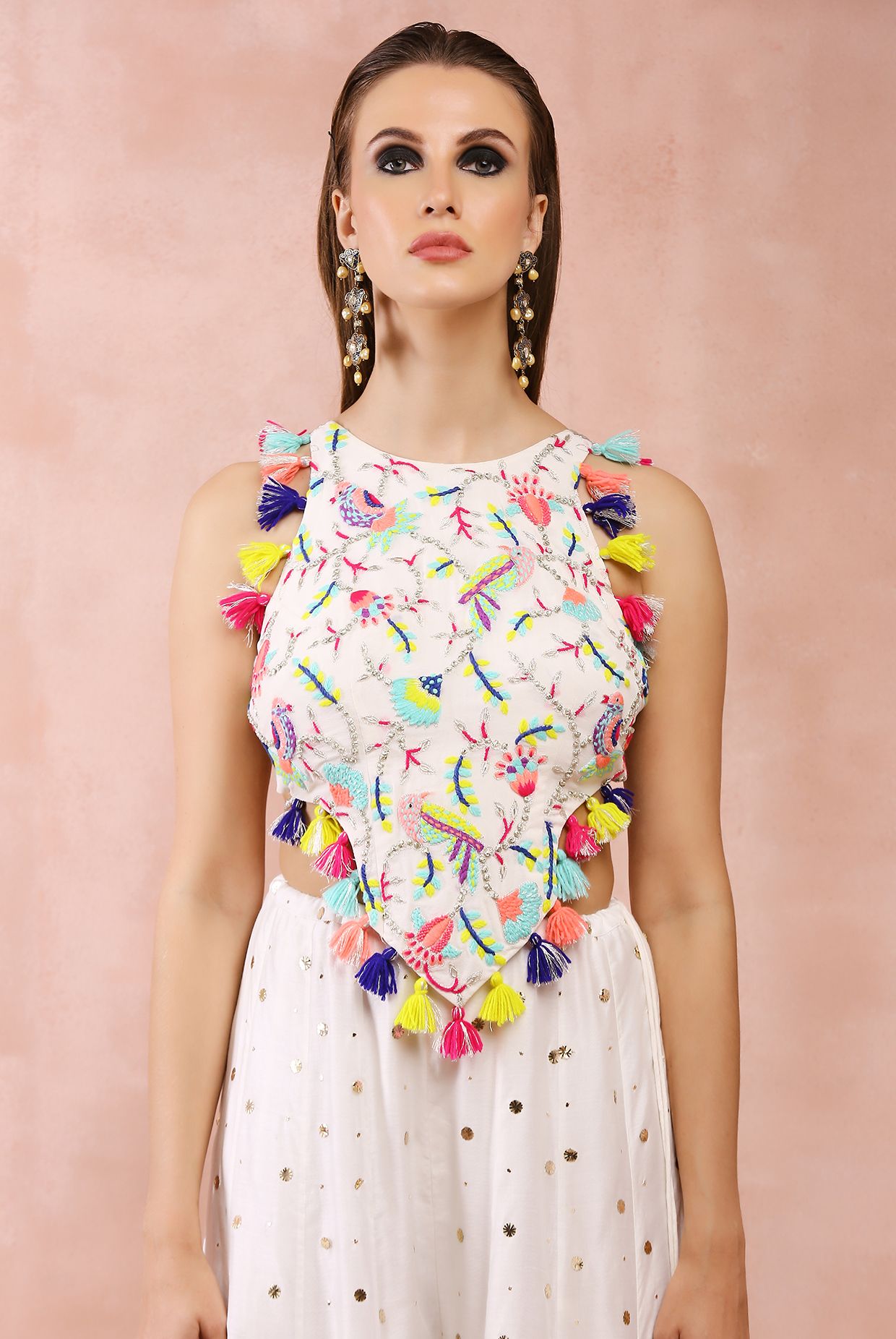 OFF WHITE EMBROIDERED CHOLI WITH SHARARA