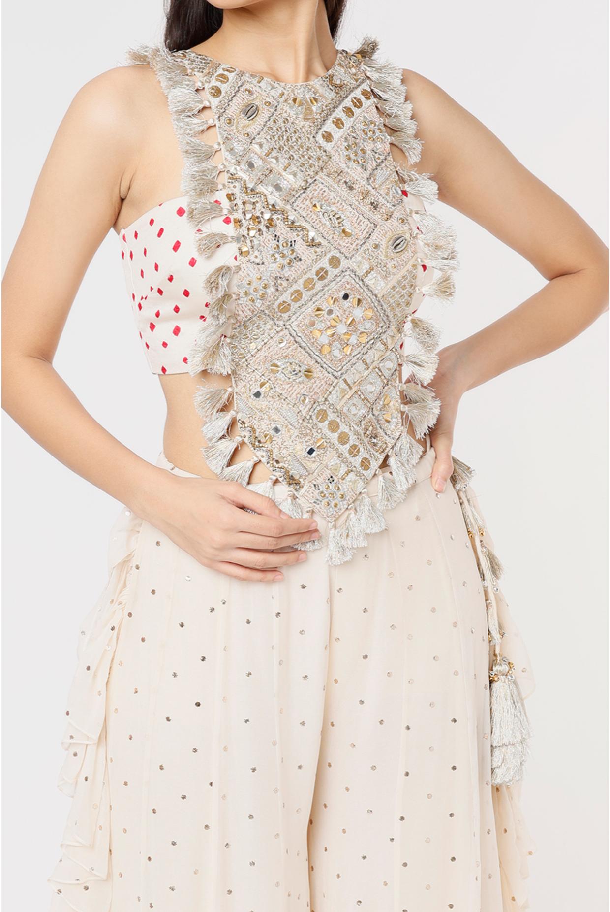 Off White Embroidered Yoke With B&hani Bustier & Frill Sharara