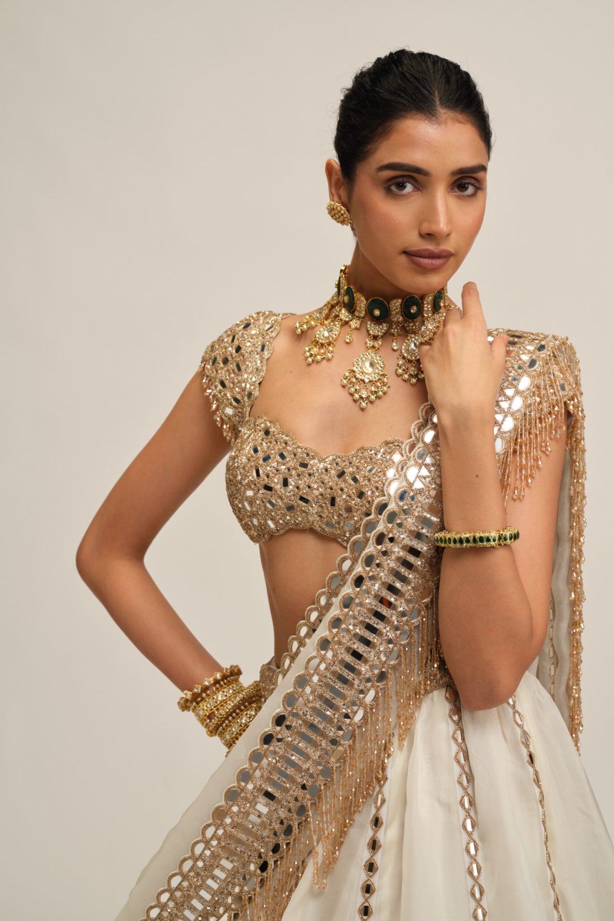 Off White Linear Lehenga Set