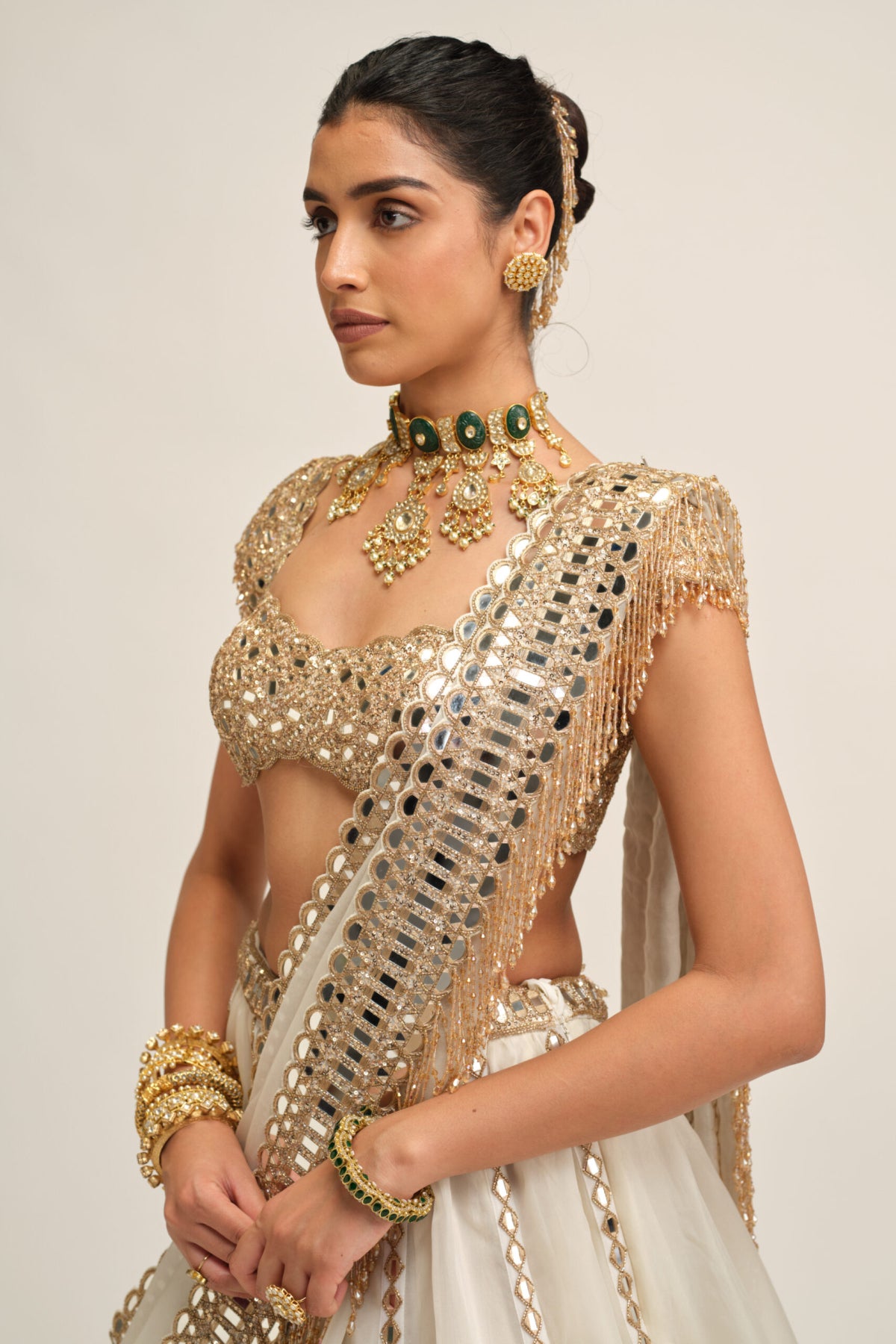 Off White Linear Lehenga Set