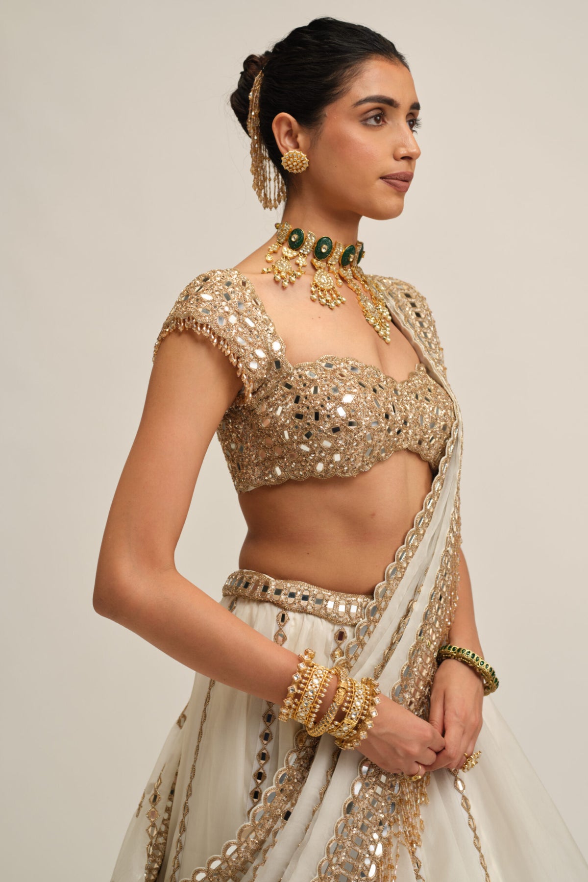 Off White Linear Lehenga Set