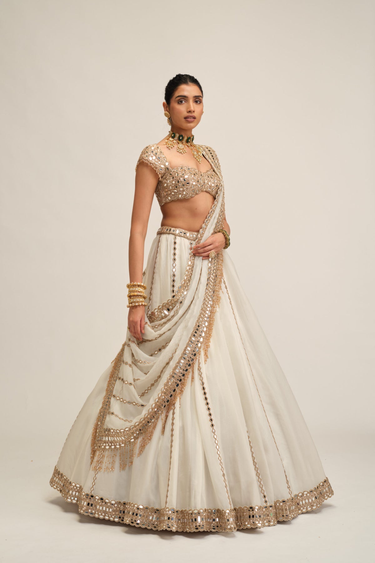 Off White Linear Lehenga Set