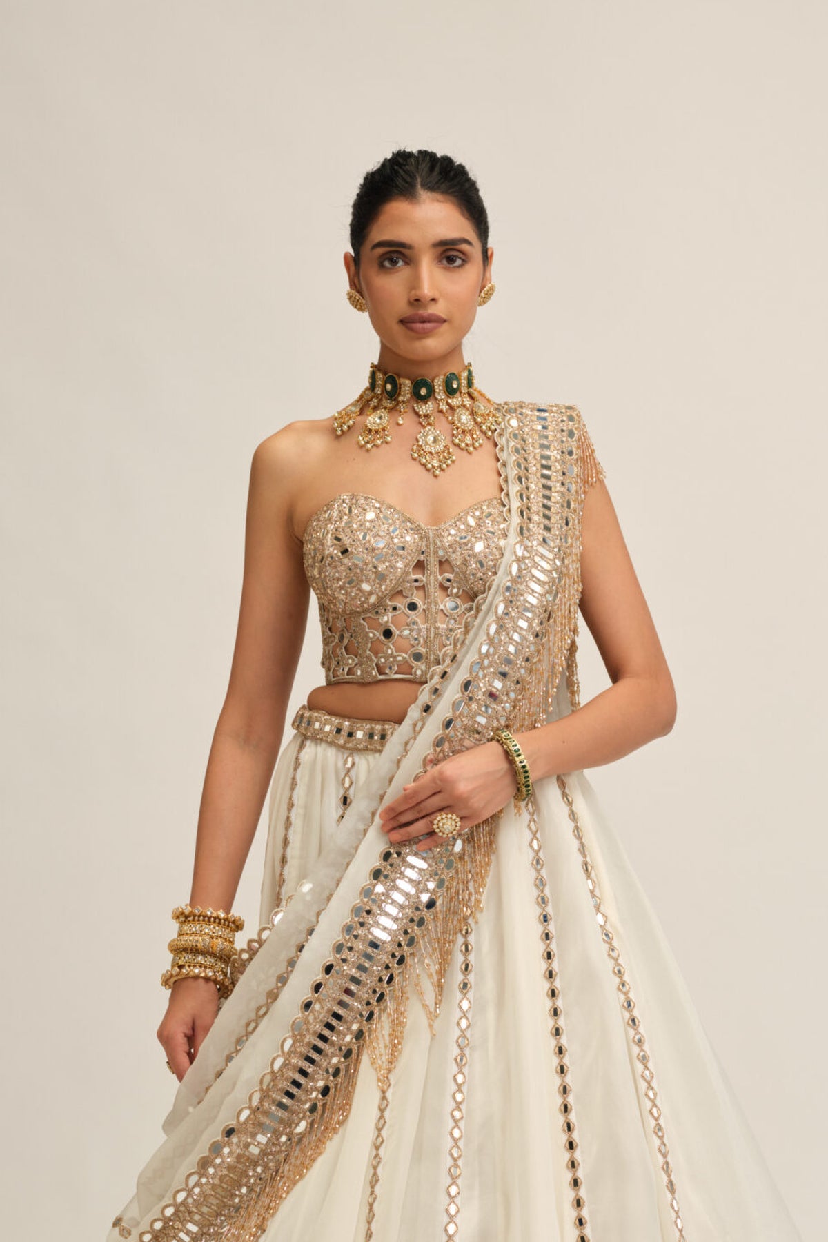 Off White Linear Lehenga With Corset Set