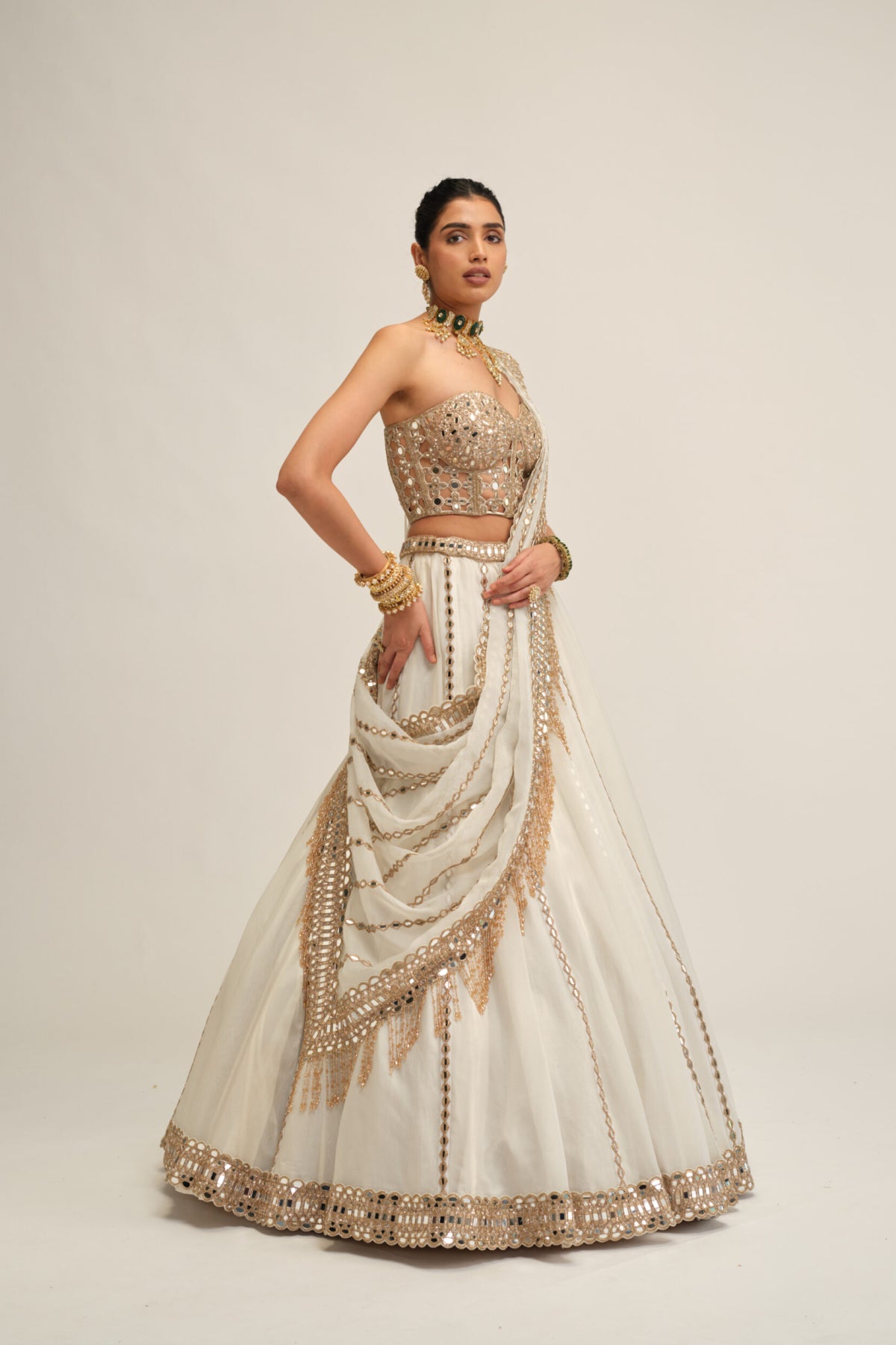 Off White Linear Lehenga With Corset Set