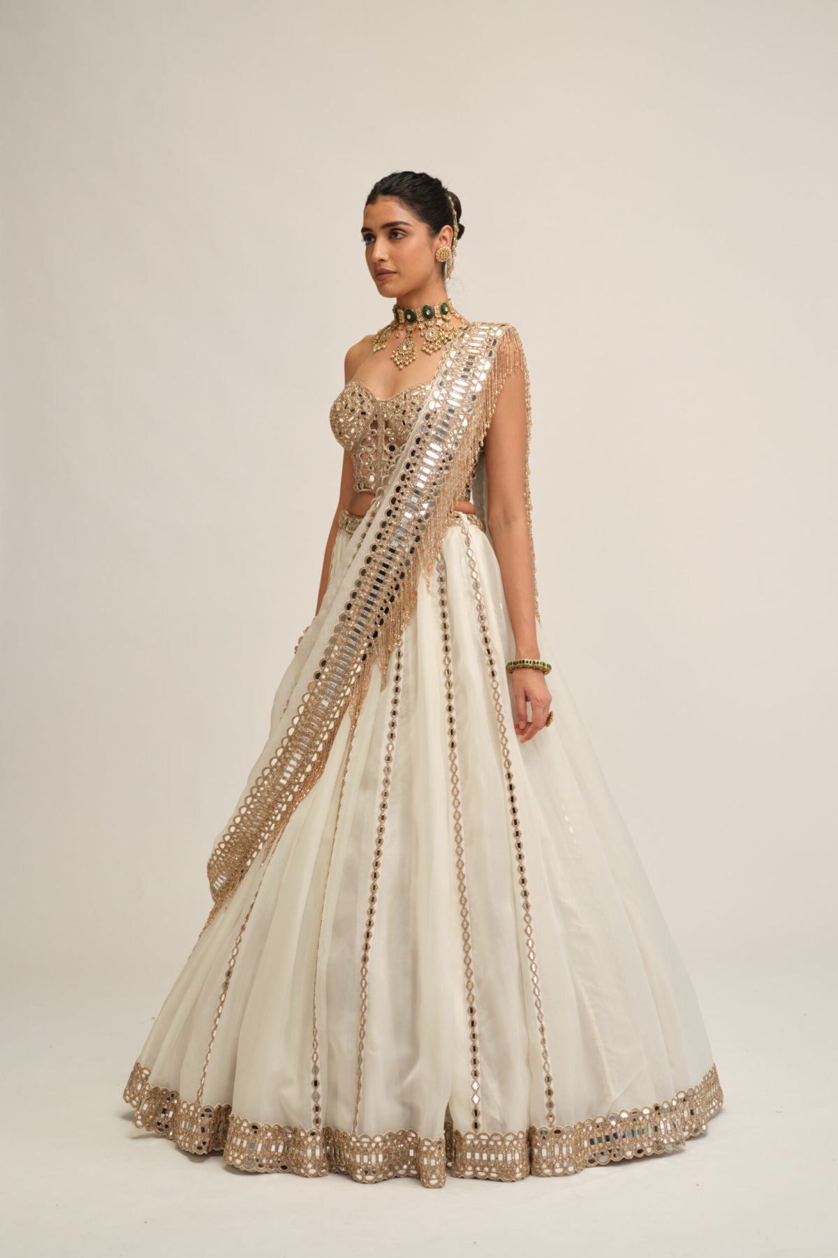 Off White Linear Lehenga With Corset Set