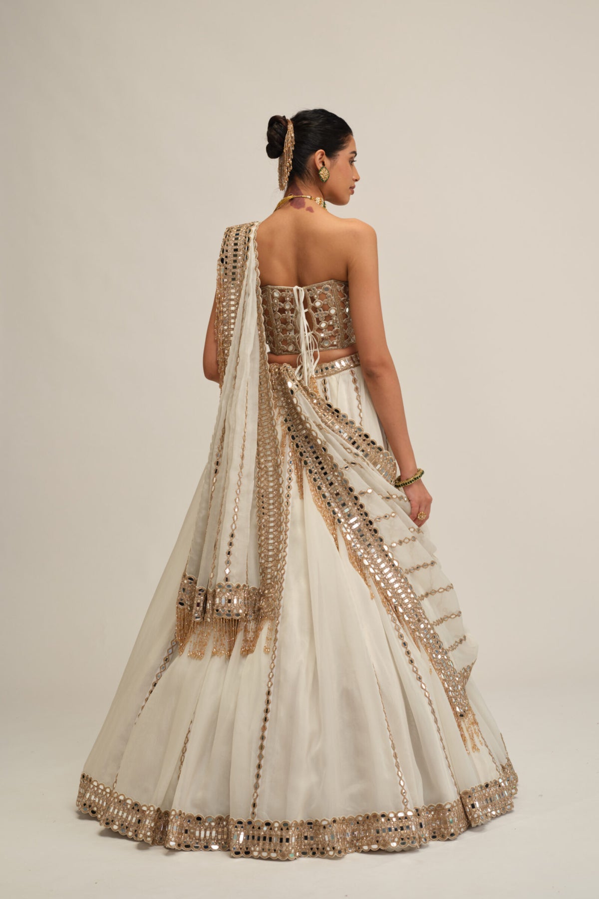 Off White Linear Lehenga With Corset Set