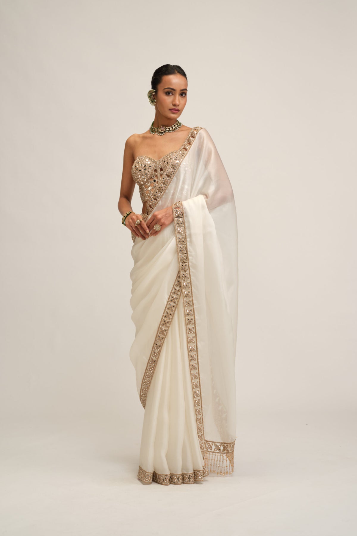 Off White Satin Organza Cutwork Border Saree Set