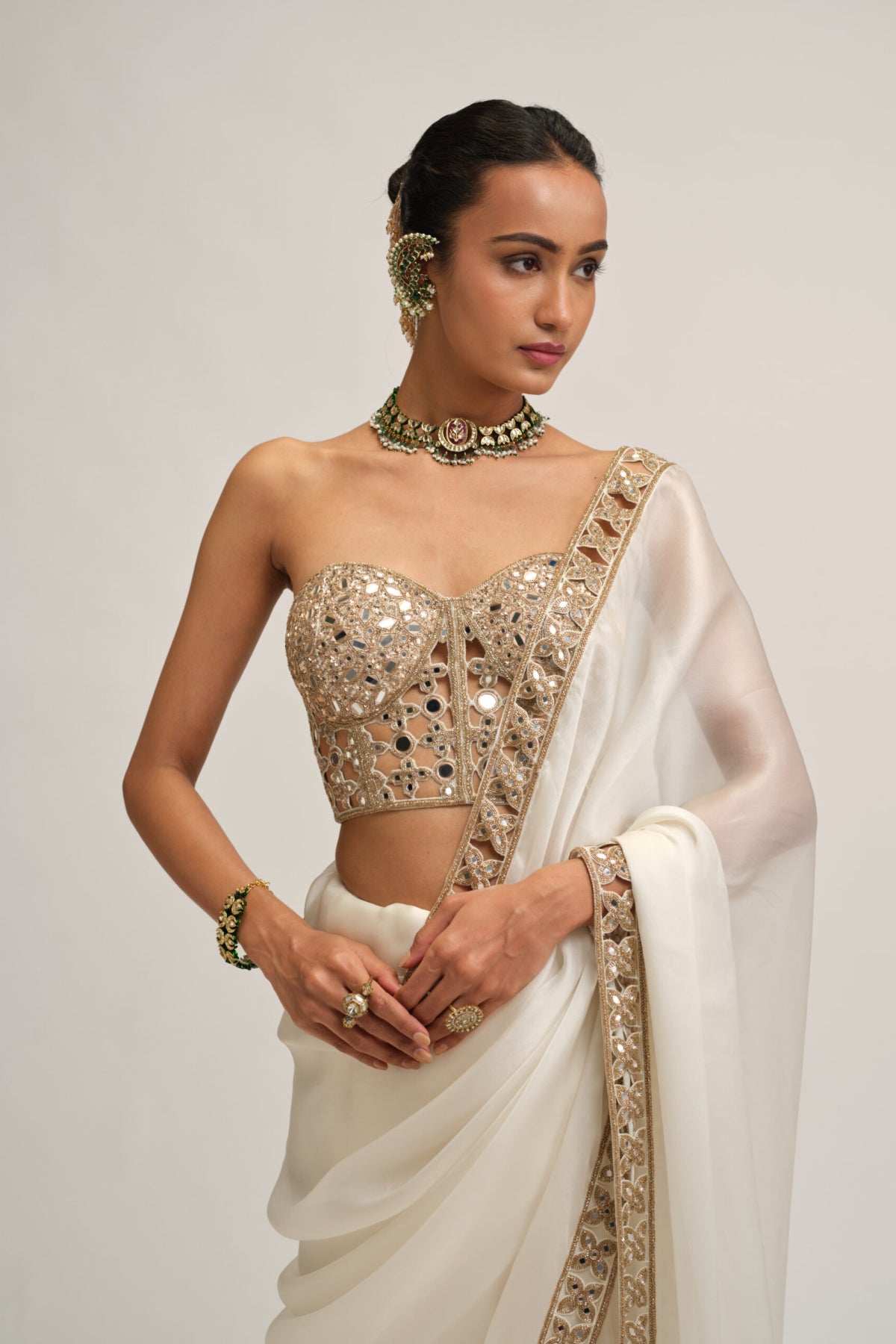 Off White Satin Organza Cutwork Border Saree Set