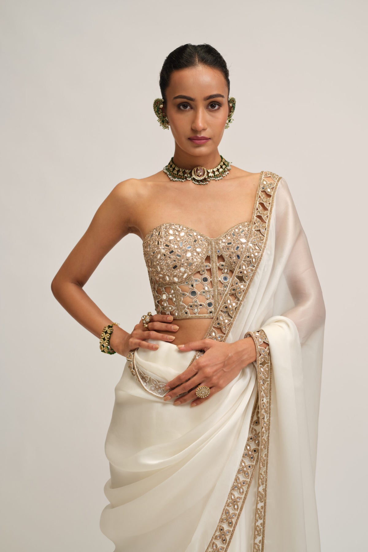 Off White Satin Organza Cutwork Border Saree Set
