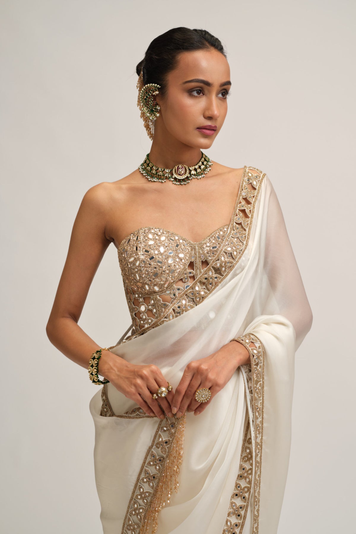 Off White Satin Organza Cutwork Border Saree Set