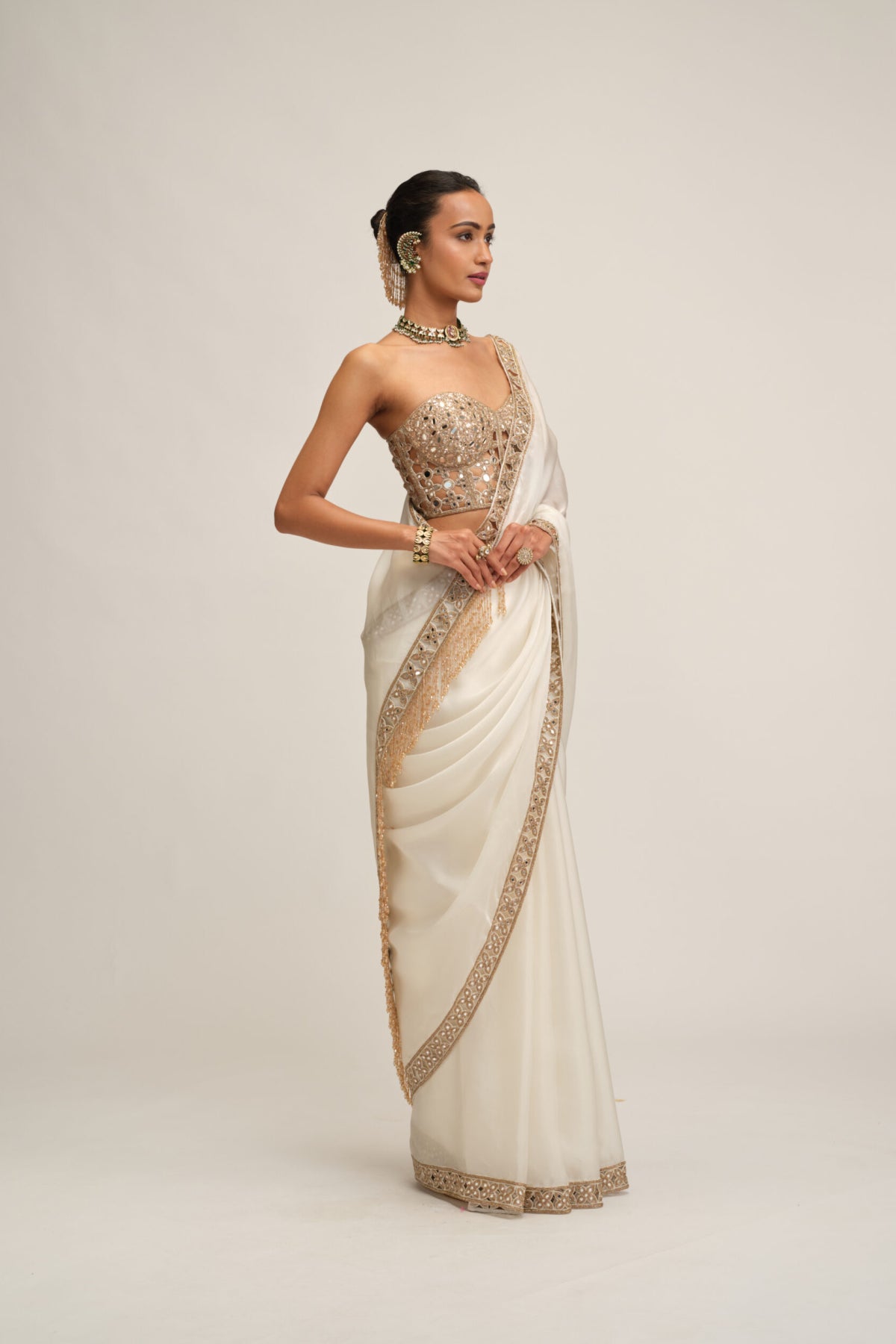 Off White Satin Organza Cutwork Border Saree Set