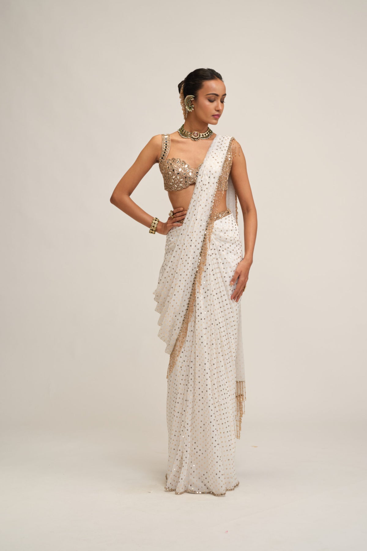 Off White Sequins Embroidered Saree Set