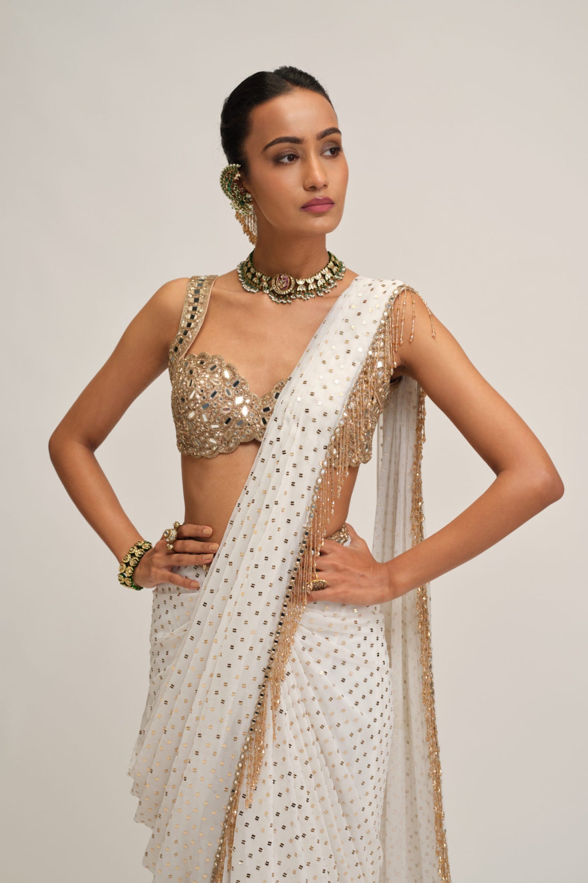 Off White Sequins Embroidered Saree Set