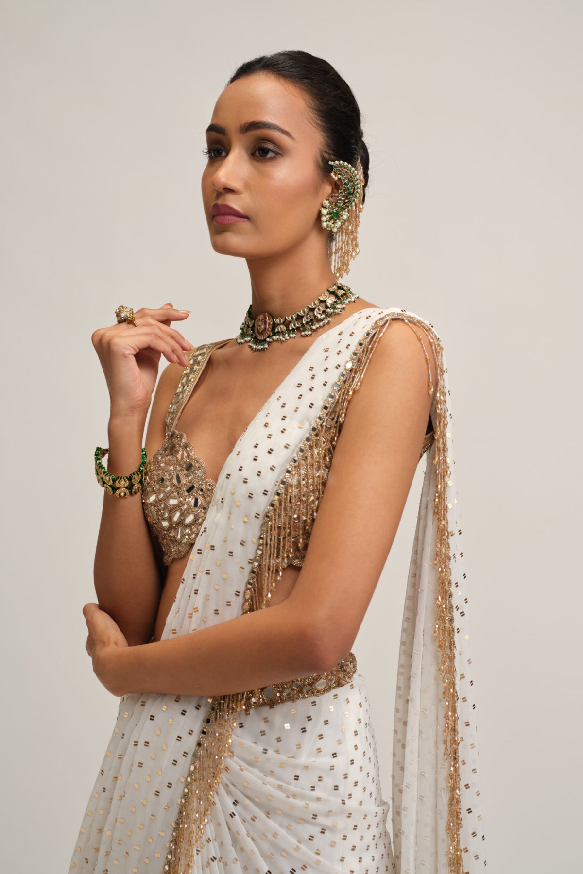 Off White Sequins Embroidered Saree Set