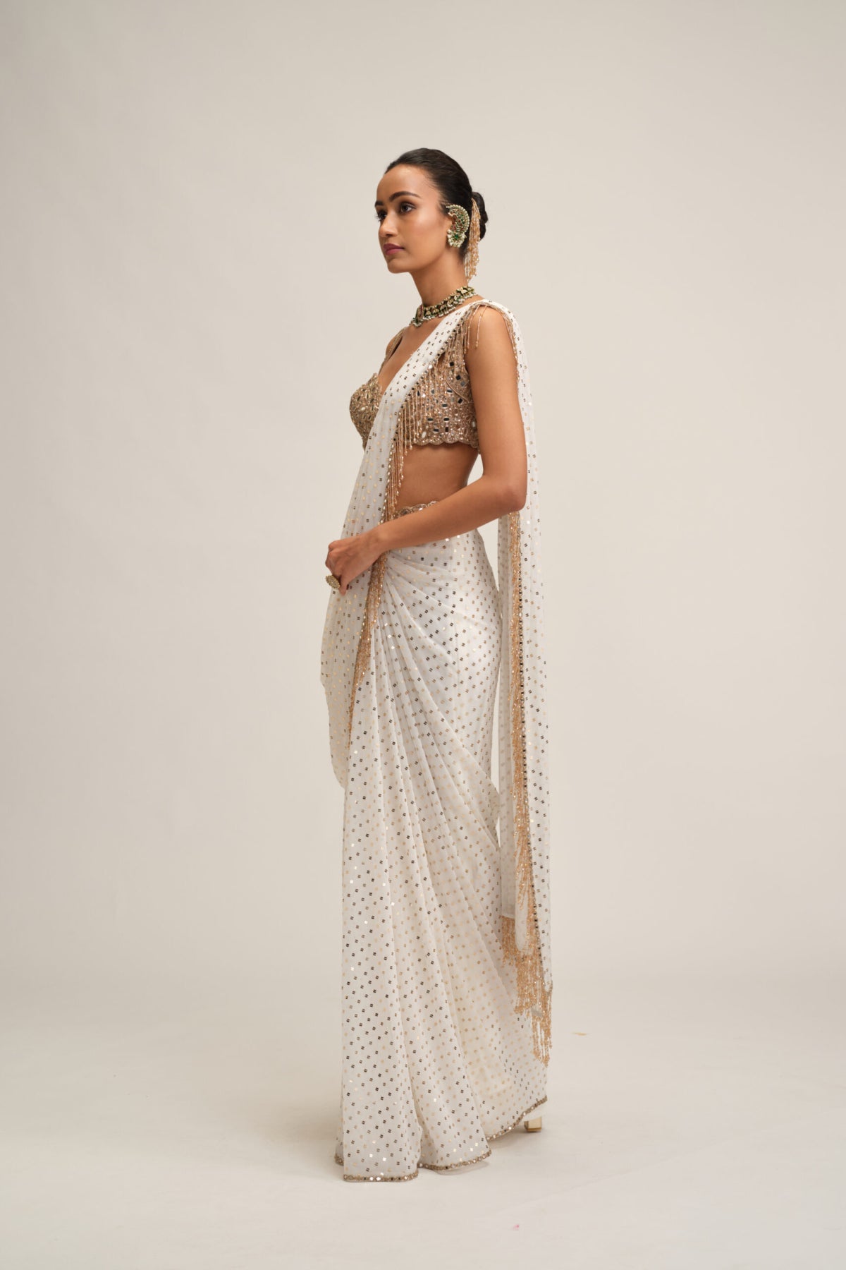 Off White Sequins Embroidered Saree Set