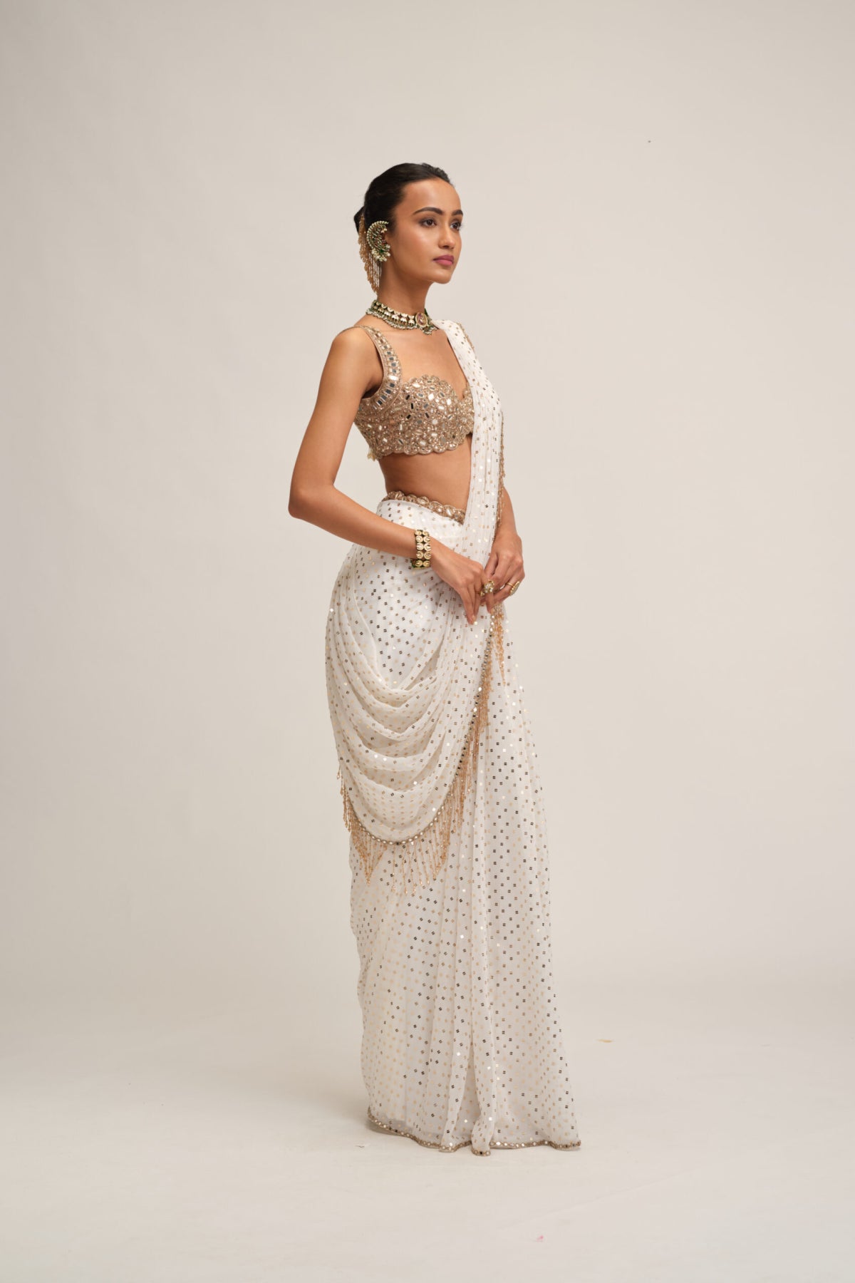 Off White Sequins Embroidered Saree Set